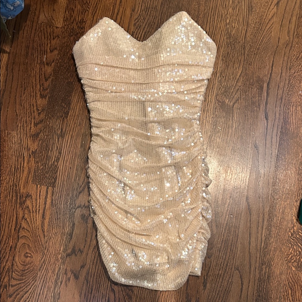 Heiress Beverly Hills Sequin Strapless Mini Dress - Tan/gold - worn only once